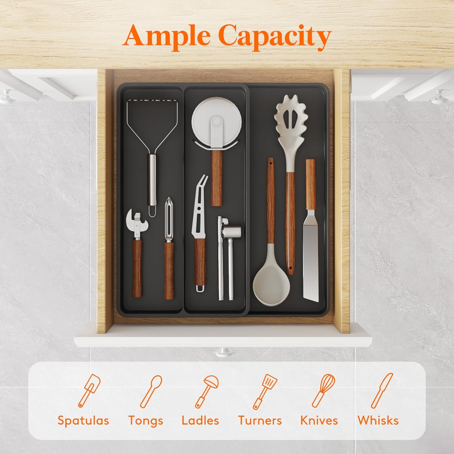 Utensil Drawer Organizer, Expandable Cooking Silverware Tray for Kitchen Drawer, Adjustable Cutlery Flatware Holder