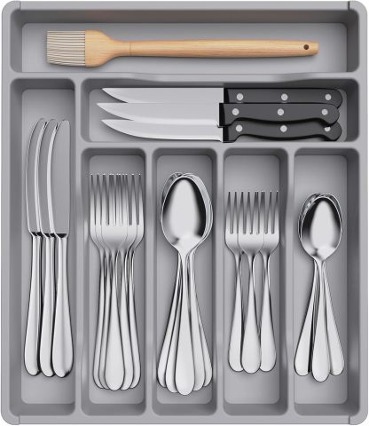 Silverware Drawer Organizer Tray, Plastic Cutlery Storage for Kitchen Drawer, Flatware and Utensil Holder Divider