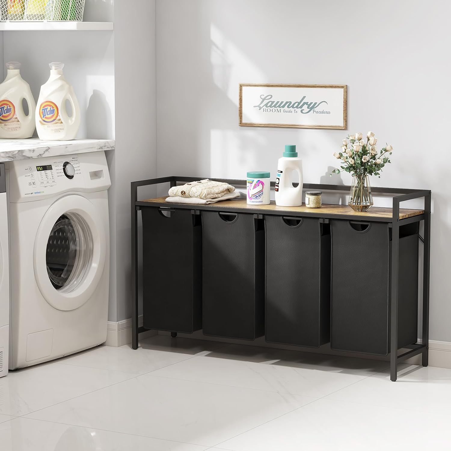 Laundry Hamper 4 Section, 168L Pull out Laundry Clothes Basket Organizer with Large Top Shelf and 4 Removable Bags and Handles