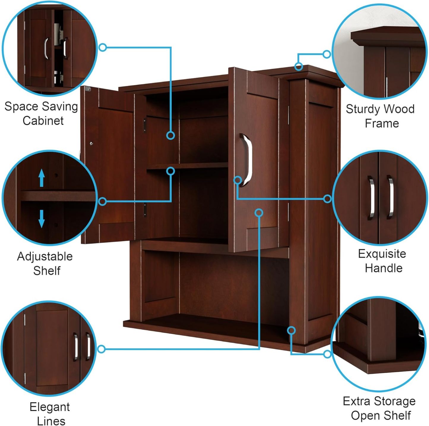Wood Wall Cabinet with Doors, Medicine Cabinet with Adjustable Shelves Over The Toilet