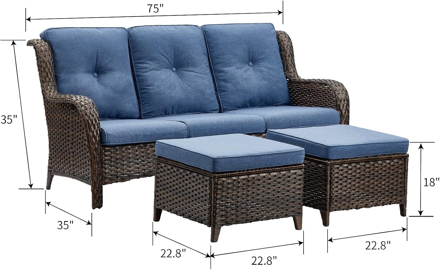 3 Piece Patio Furniture Set All Weather Wicker Outdoor Sectional Sofa Manual Weaving Rattan High Curved Back Patio Couch with Ottomans