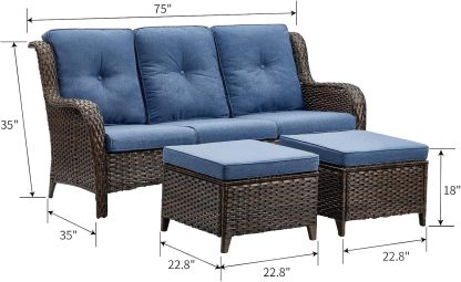 3 Piece Patio Furniture Set All Weather Wicker Outdoor Sectional Sofa Manual Weaving Rattan High Curved Back Patio Couch with Ottomans