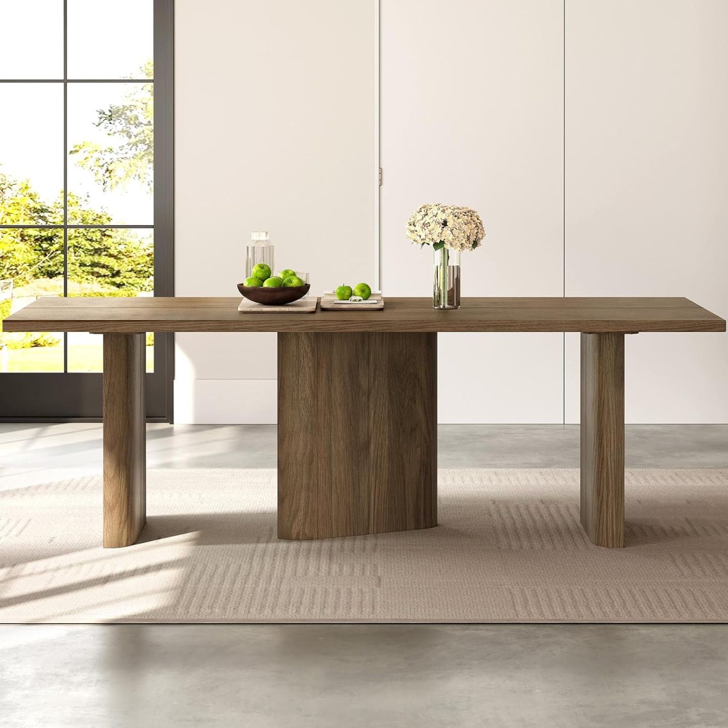 Mid-Century Large Dining Table for 2-8, 85.03" Wood Dining Kitchen Table with 3 Sturdy Pedestal, Modern Country Spacious Dining Room Table