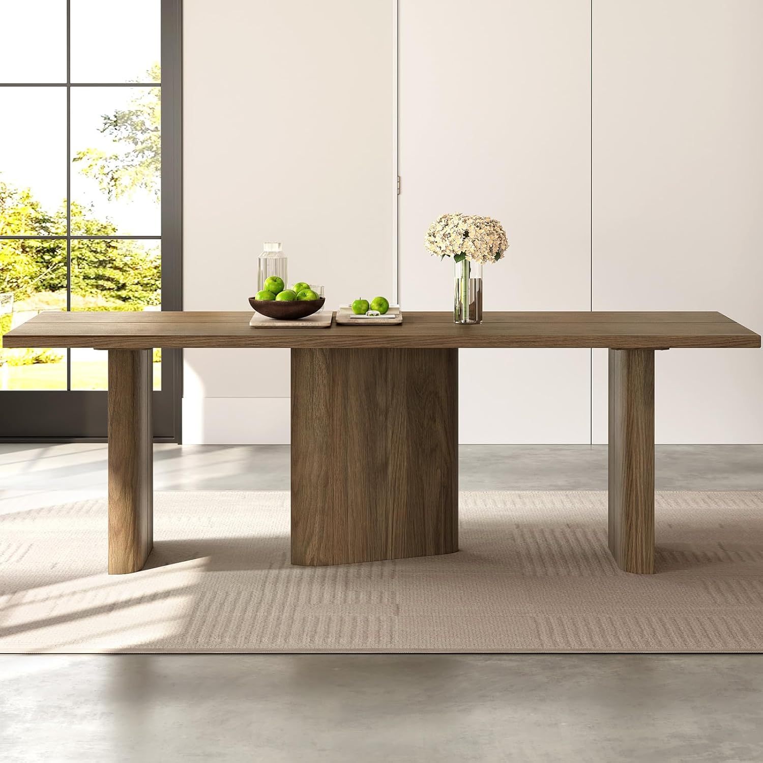 Mid-Century Large Dining Table for 2-8, 85.03" Wood Dining Kitchen Table with 3 Sturdy Pedestal, Modern Country Spacious Dining Room Table