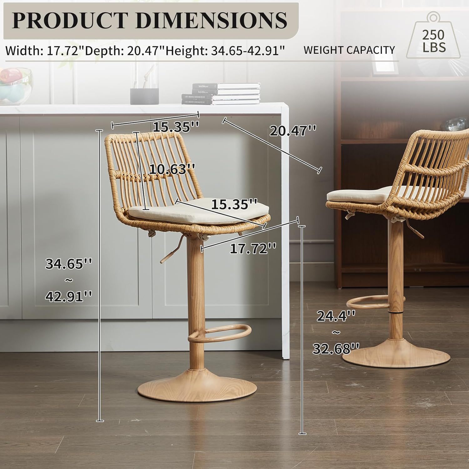 Rattan Bar Stool Set of 2, Linen Upholstered Barstool with Backrest, Swivel Bar Chair with Footrest