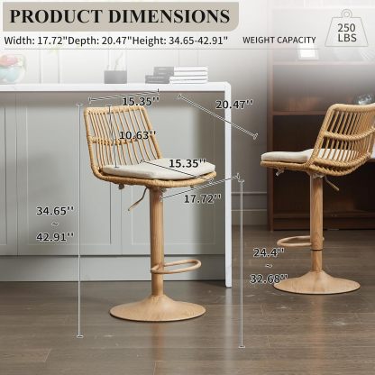 Rattan Bar Stool Set of 2, Linen Upholstered Barstool with Backrest, Swivel Bar Chair with Footrest