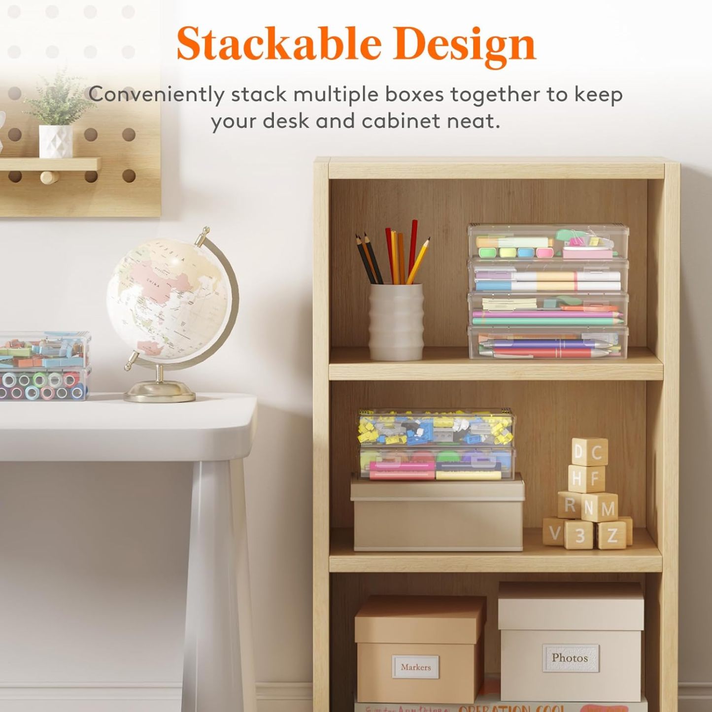 Plastic Pencil Box with Snap-tight Lid, Large Capacity Hard Pencil Case, Craft organizer for Art Supply,Office, 4 Pack