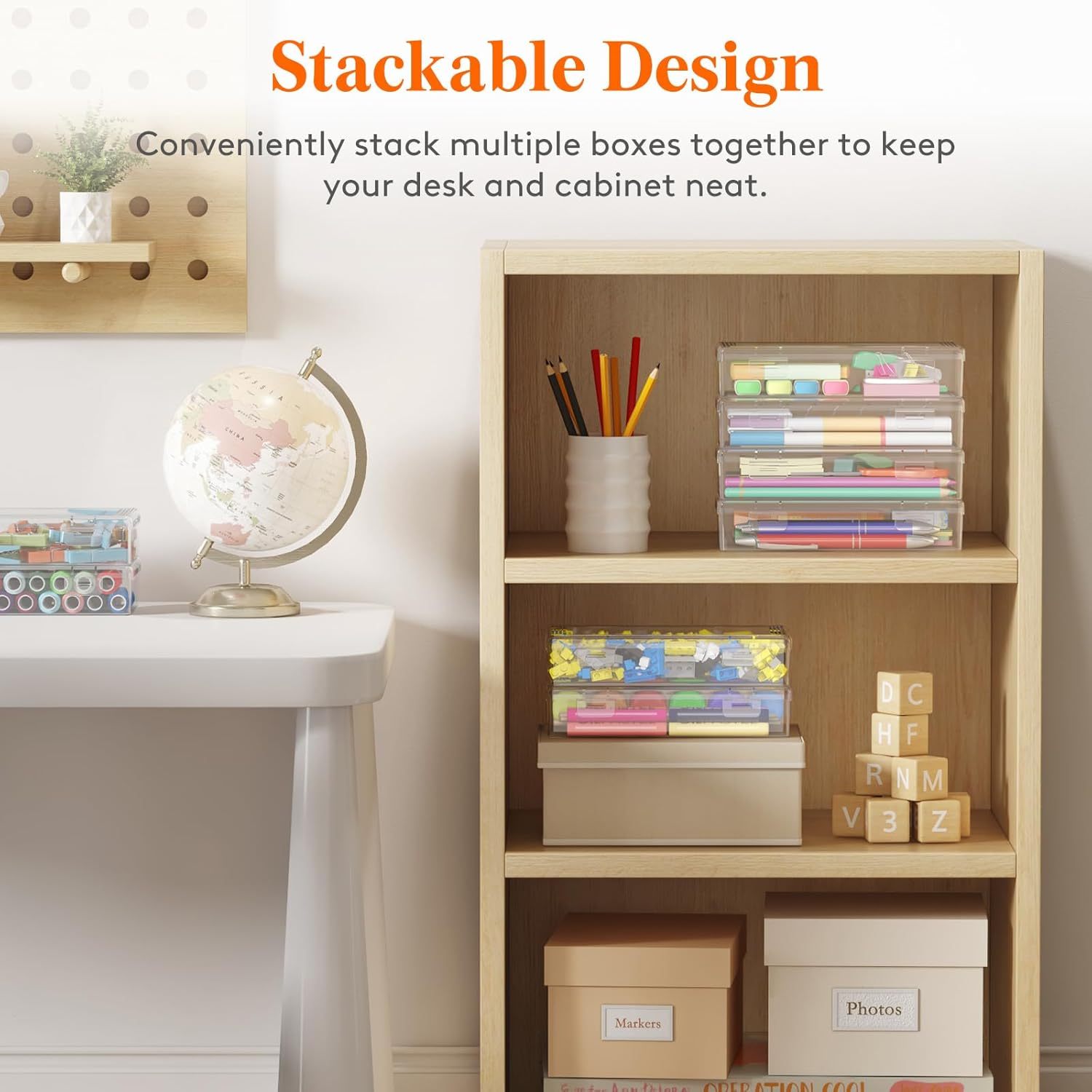 Plastic Pencil Box with Snap-tight Lid, Large Capacity Hard Pencil Case, Craft organizer for Art Supply,Office, 4 Pack