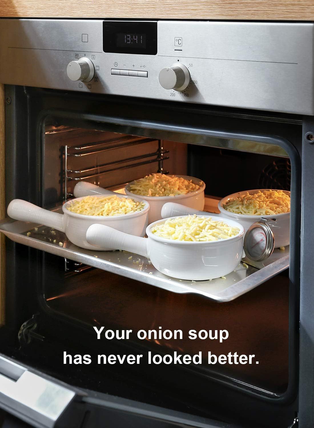 French Onion Soup Bowls With Handles, 15 Ounce for Soup, chili, beef stew, Set of 4, White