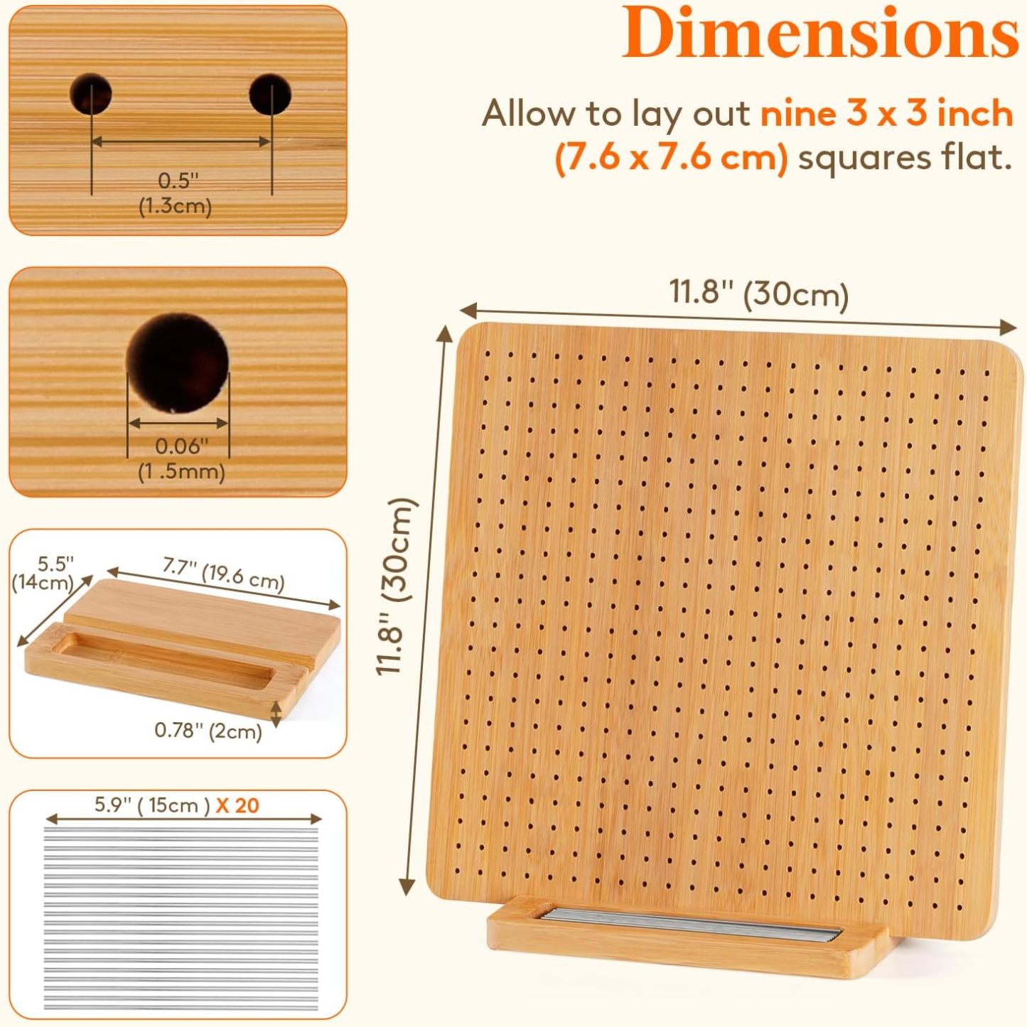 11.8" Crochet Blocking Board with 20 Pegs, Bamboo Granny Square Blocking Board for Knitting and Crochet Projects