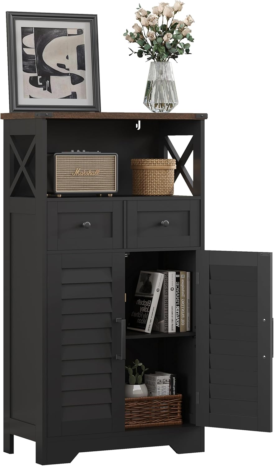 Farmhouse Storage Cabinet, Bathroom Floor Cabinet with Doors and Drawers