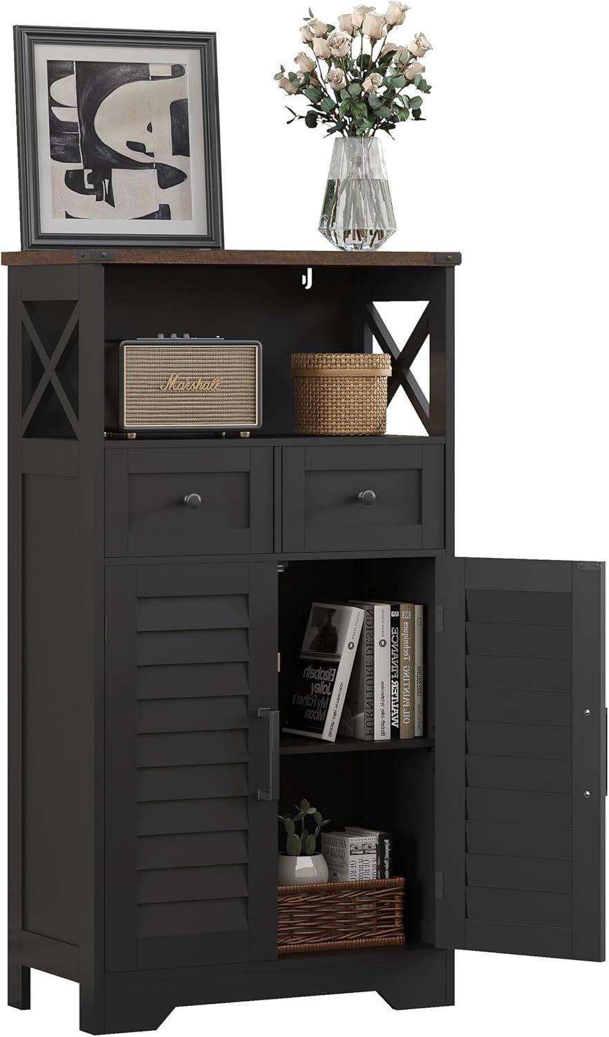Farmhouse Storage Cabinet, Bathroom Floor Cabinet with Doors and Drawers
