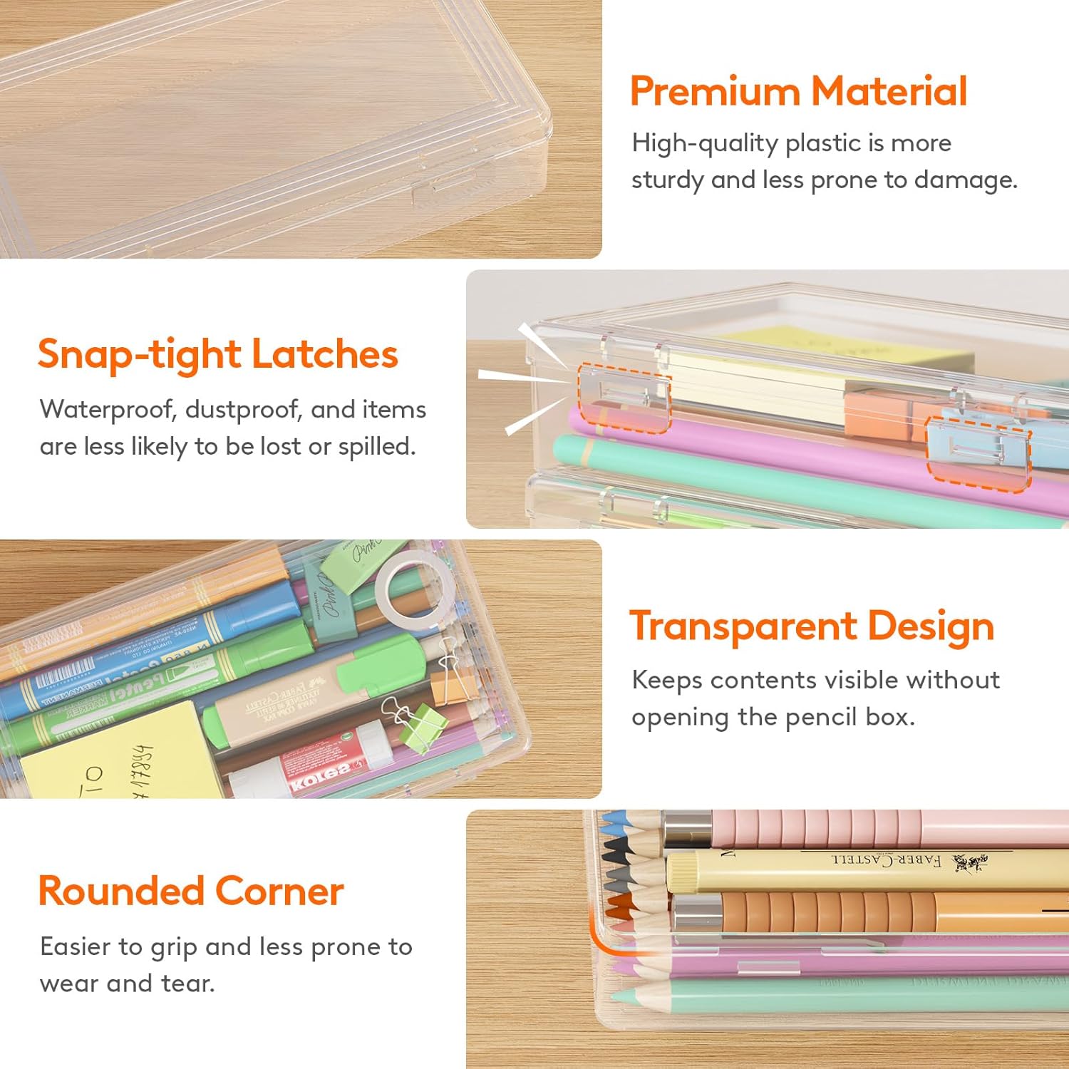 Plastic Pencil Box with Snap-tight Lid, Large Capacity Hard Pencil Case, Craft organizer for Art Supply,Office, 4 Pack