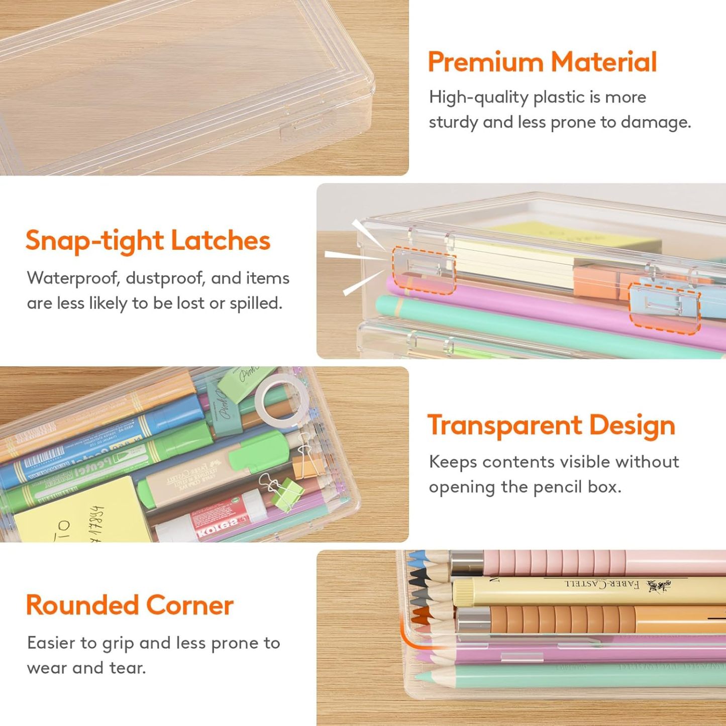 Plastic Pencil Box with Snap-tight Lid, Large Capacity Hard Pencil Case, Craft organizer for Art Supply,Office, 4 Pack