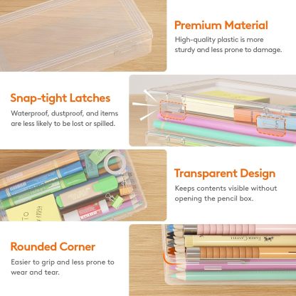 Plastic Pencil Box with Snap-tight Lid, Large Capacity Hard Pencil Case, Craft organizer for Art Supply,Office, 4 Pack