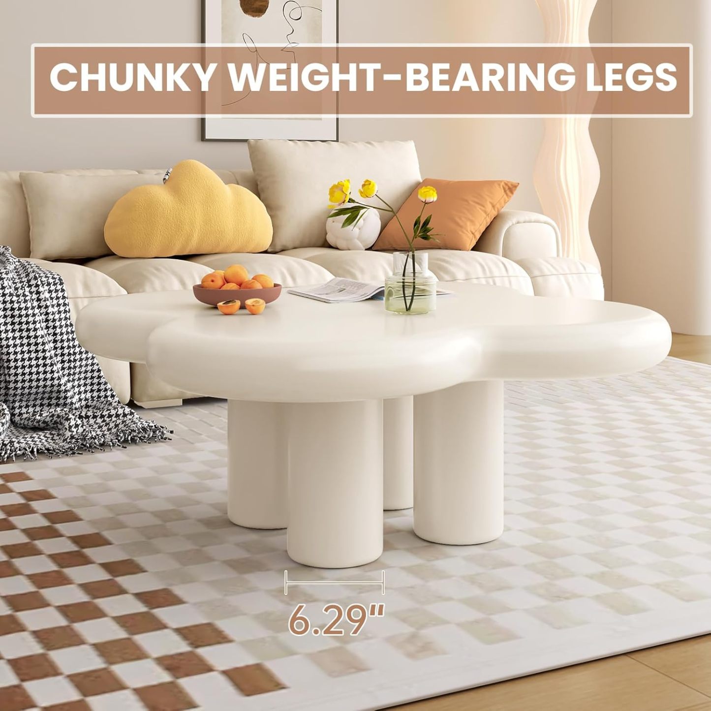 33.46" White Coffee Table, Funky Floral-Shaped Coffee Table Living Room, Bedroom, Home Office, Balcony or Lounge