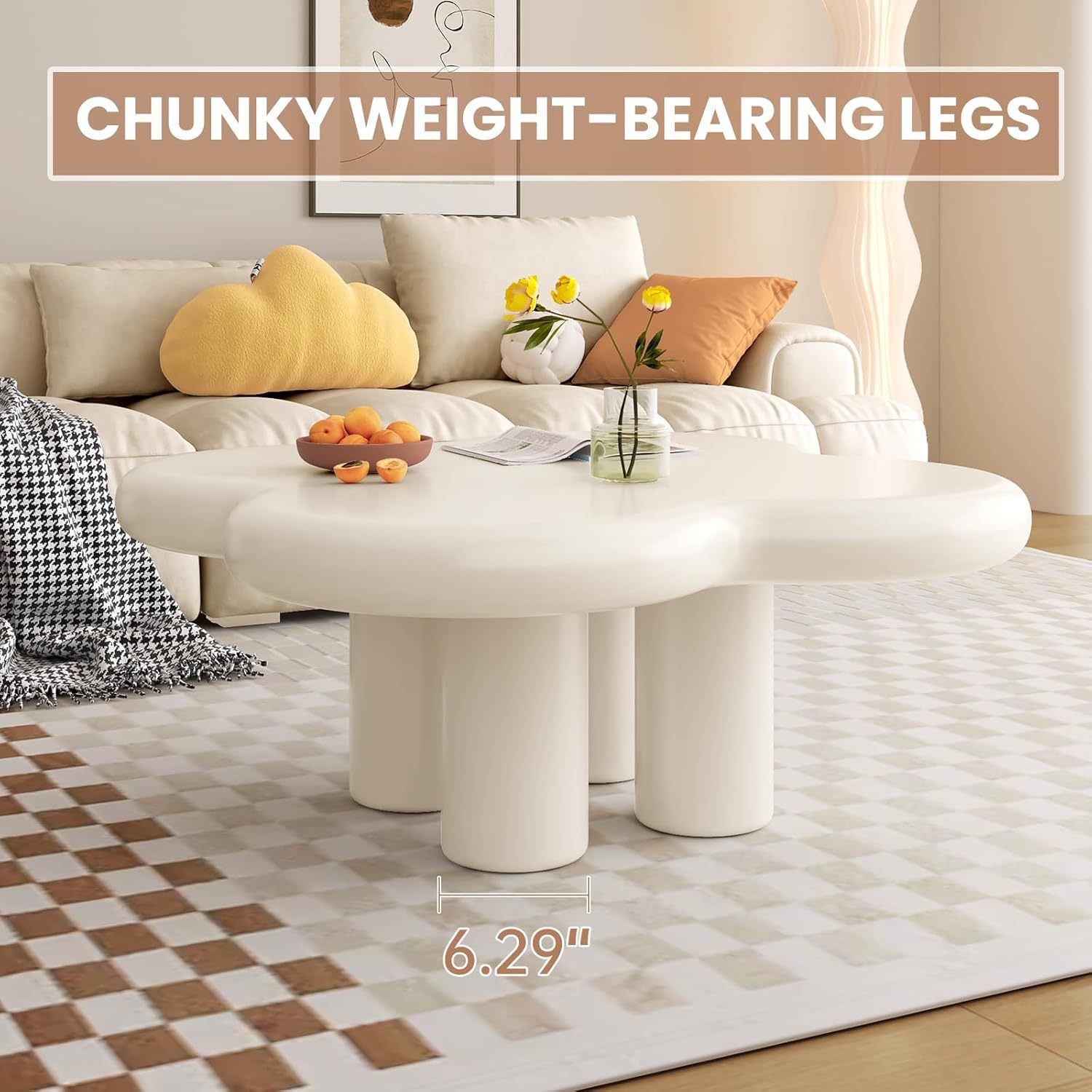 33.46" White Coffee Table, Funky Floral-Shaped Coffee Table Living Room, Bedroom, Home Office, Balcony or Lounge