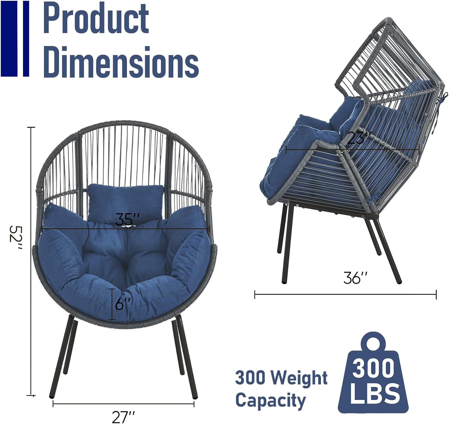 Egg Chair Oversized Outdoor Lounger Wicker Egg Basket Chair with Stand Cushions for Patio Backyard Bedroom Living Room 350LB Capacity