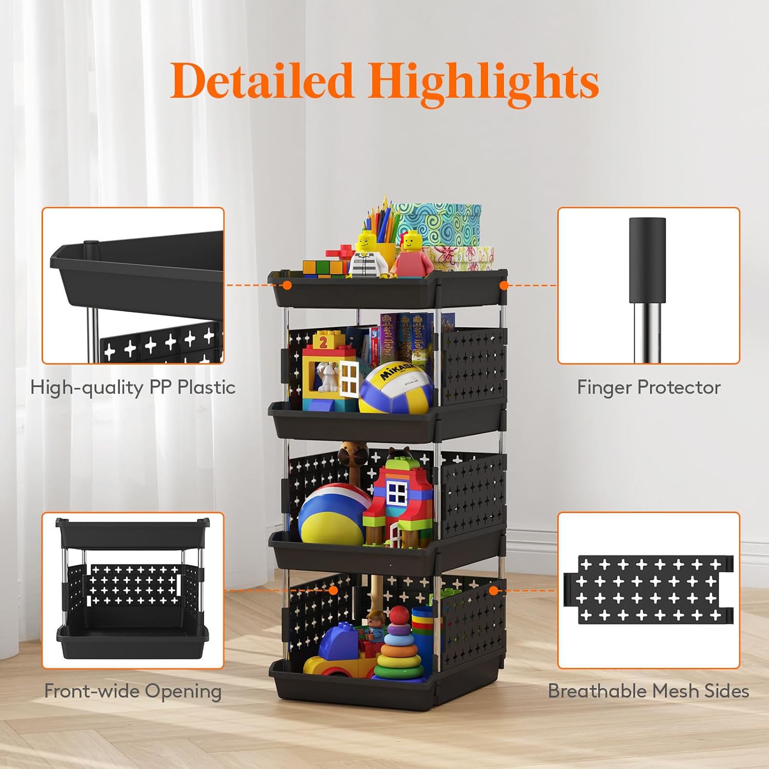 Stackable Storage Bins, 4 Tier Stackable Baskets for Closet, Playroom, Kitchen, Food, and Pantry Organization
