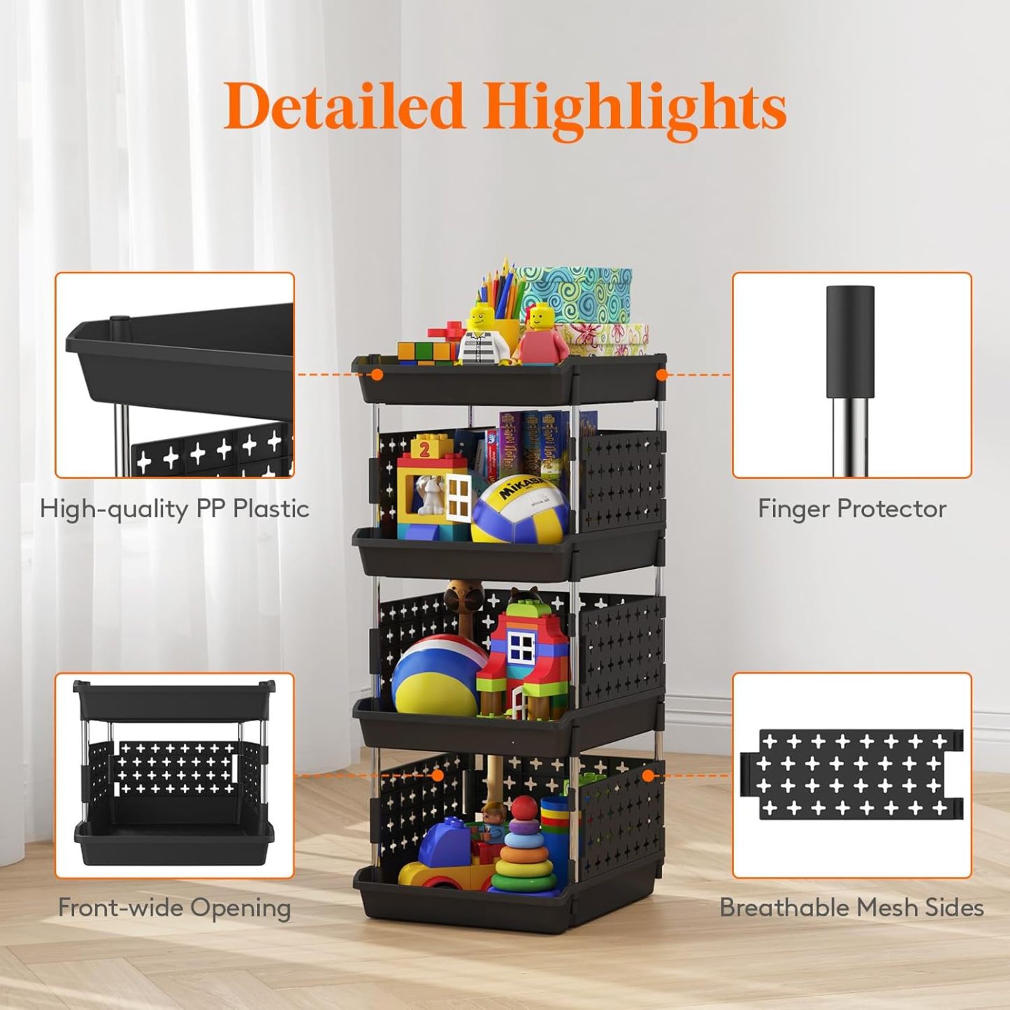 Stackable Storage Bins, 4 Tier Stackable Baskets for Closet, Playroom, Kitchen, Food, and Pantry Organization