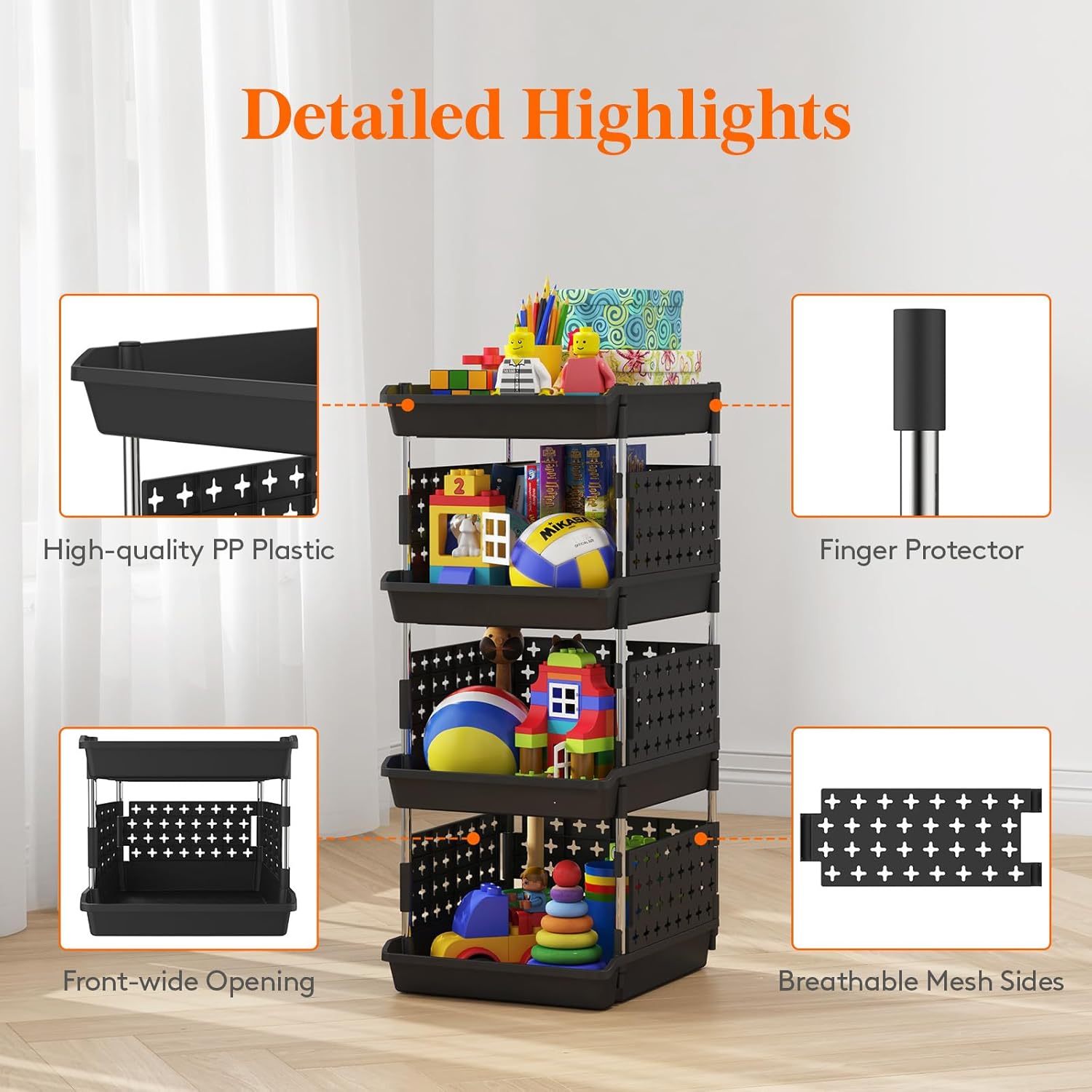 Stackable Storage Bins, 4 Tier Stackable Baskets for Closet, Playroom, Kitchen, Food, and Pantry Organization