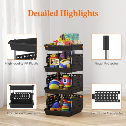 Stackable Storage Bins, 4 Tier Stackable Baskets for Closet, Playroom, Kitchen, Food, and Pantry Organization
