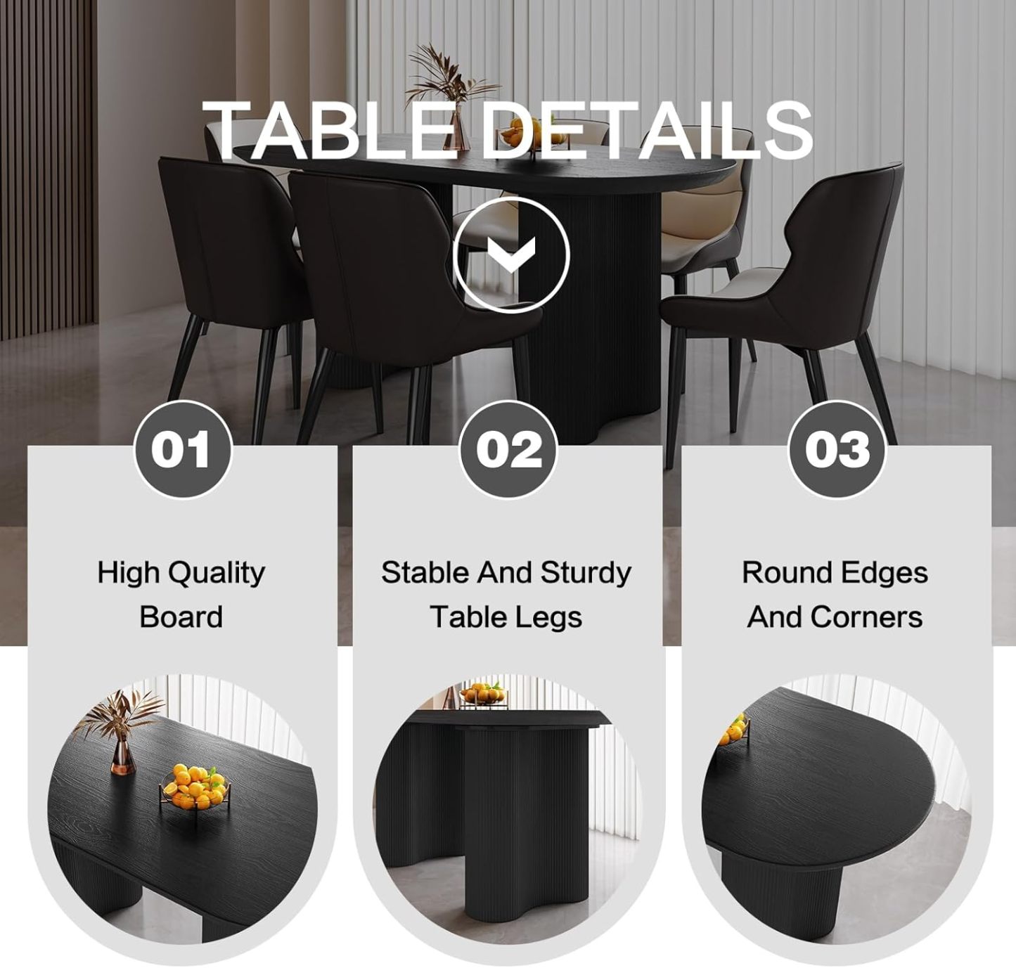 Black Oval Dining Table for 2-4, 55.11" Modern Funky Kitchen Table with Powerful Ripple Support Legs for Dining Room, Kitchen, Home Office