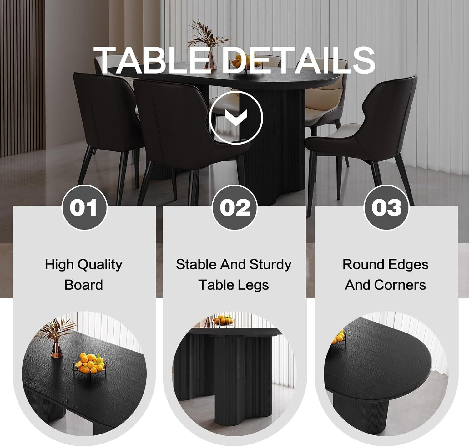 Black Oval Dining Table for 2-4, 55.11" Modern Funky Kitchen Table with Powerful Ripple Support Legs for Dining Room, Kitchen, Home Office