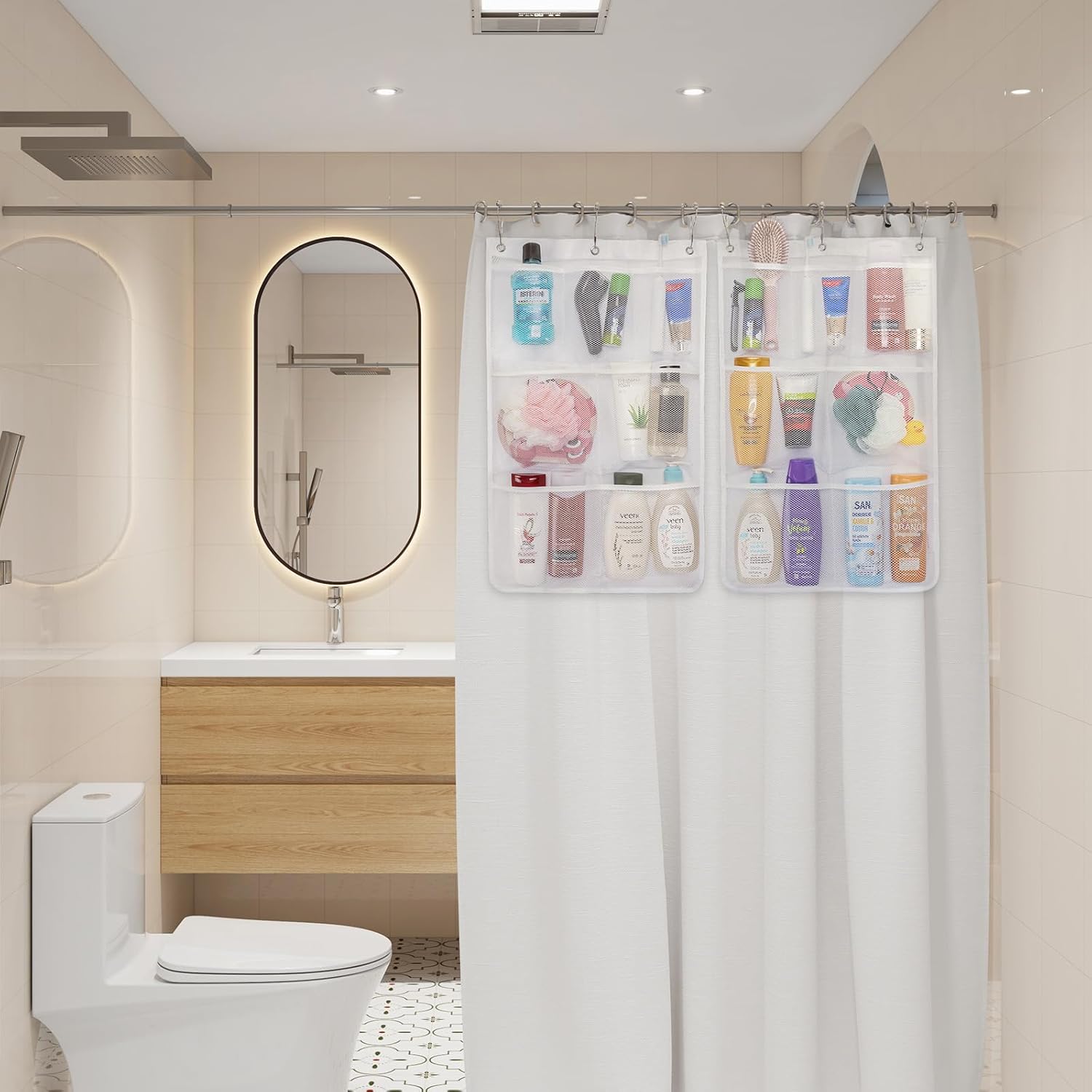 Mesh Shower Caddy, 7 Pockets Hanging Shower Organizer with Quick Drying Mesh, Portable Space Saving Bathroom Organizer to Hold Soap