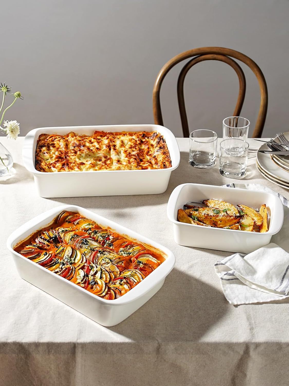 Deep Casserole Dishes for Oven, 13.7”x9.6” Ceramic Baking Dish Set with Roasting Racks, Large Lasagna Pans with Handles