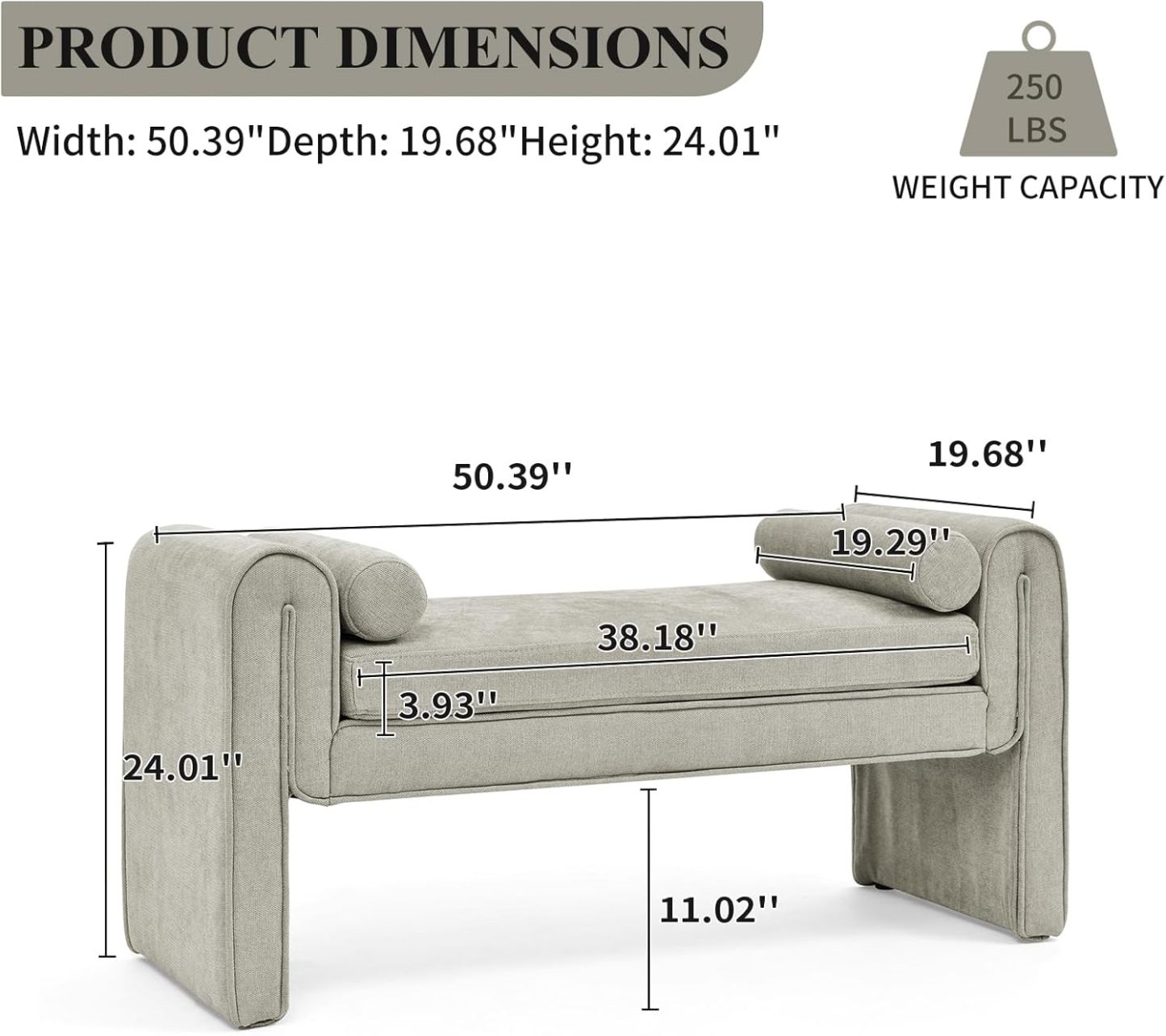 50" W Ottoman Bench for Small Space, Linen Upholstered Ottoman Bench with Thick Cushion