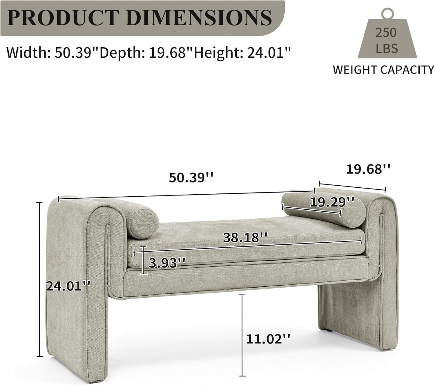 50" W Ottoman Bench for Small Space, Linen Upholstered Ottoman Bench with Thick Cushion