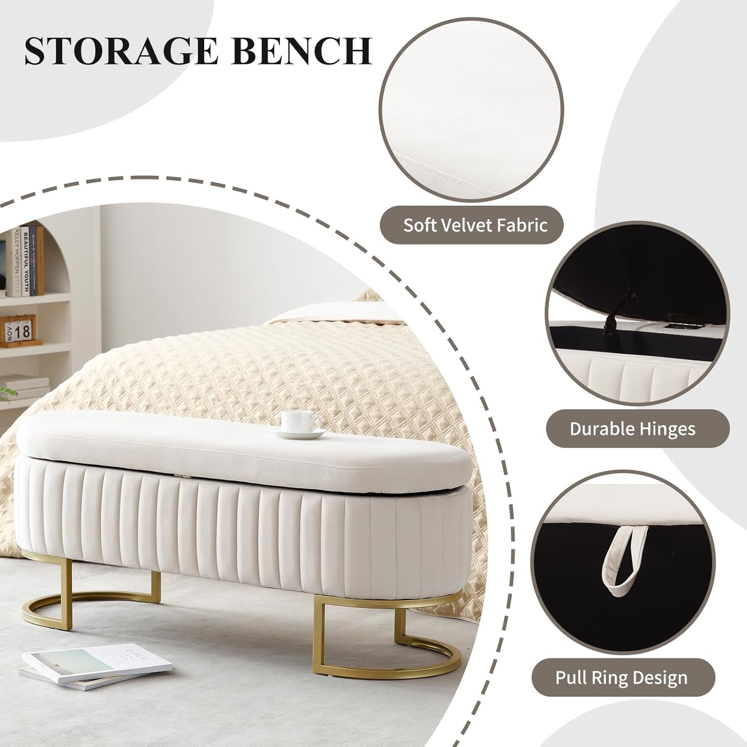 50" Storage Ottoman Bench, Velvet Upholstered End Bed Bench with Metal Legs, Tufted Entryway Bench with Ring-Pull