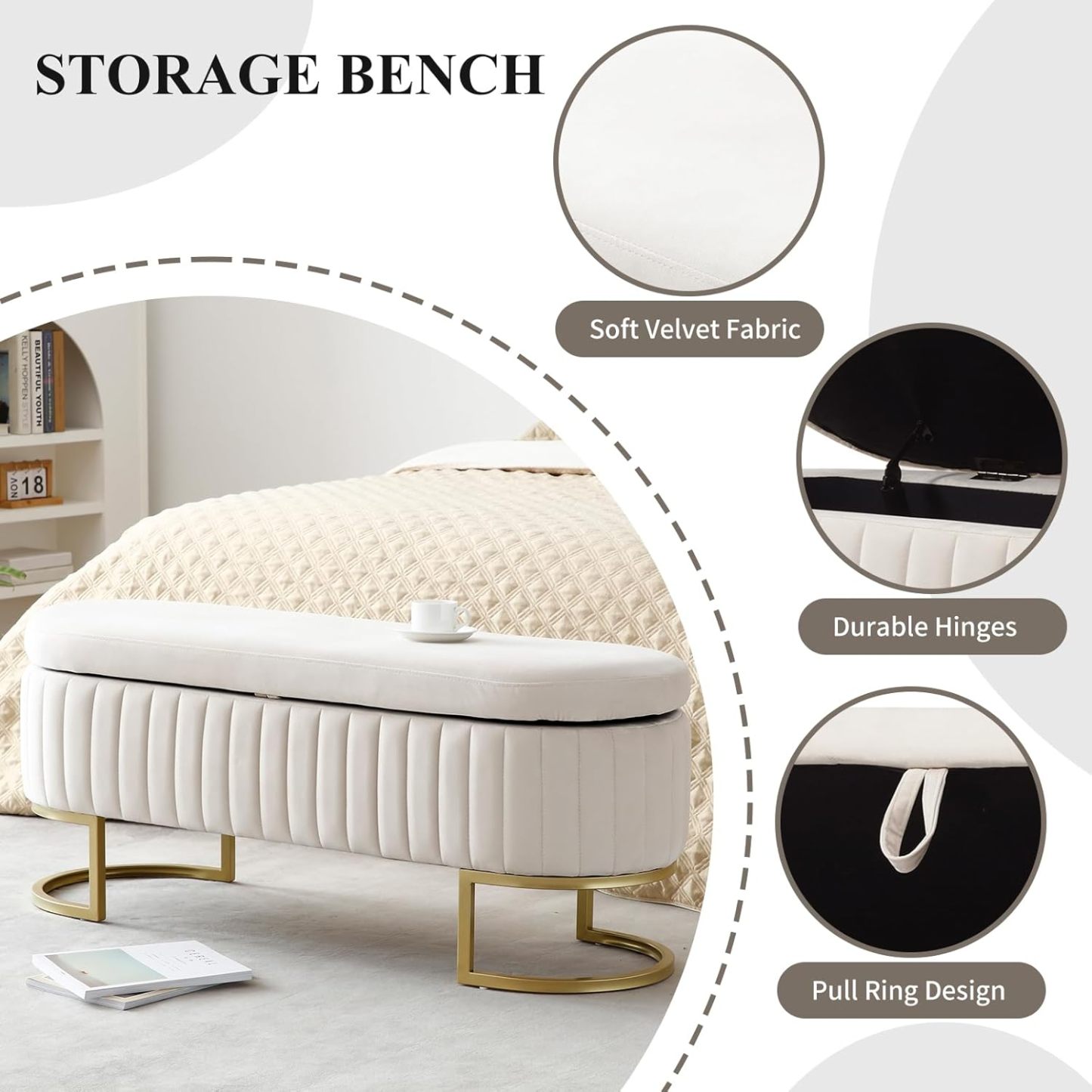 50" Storage Ottoman Bench, Velvet Upholstered End Bed Bench with Metal Legs, Tufted Entryway Bench with Ring-Pull