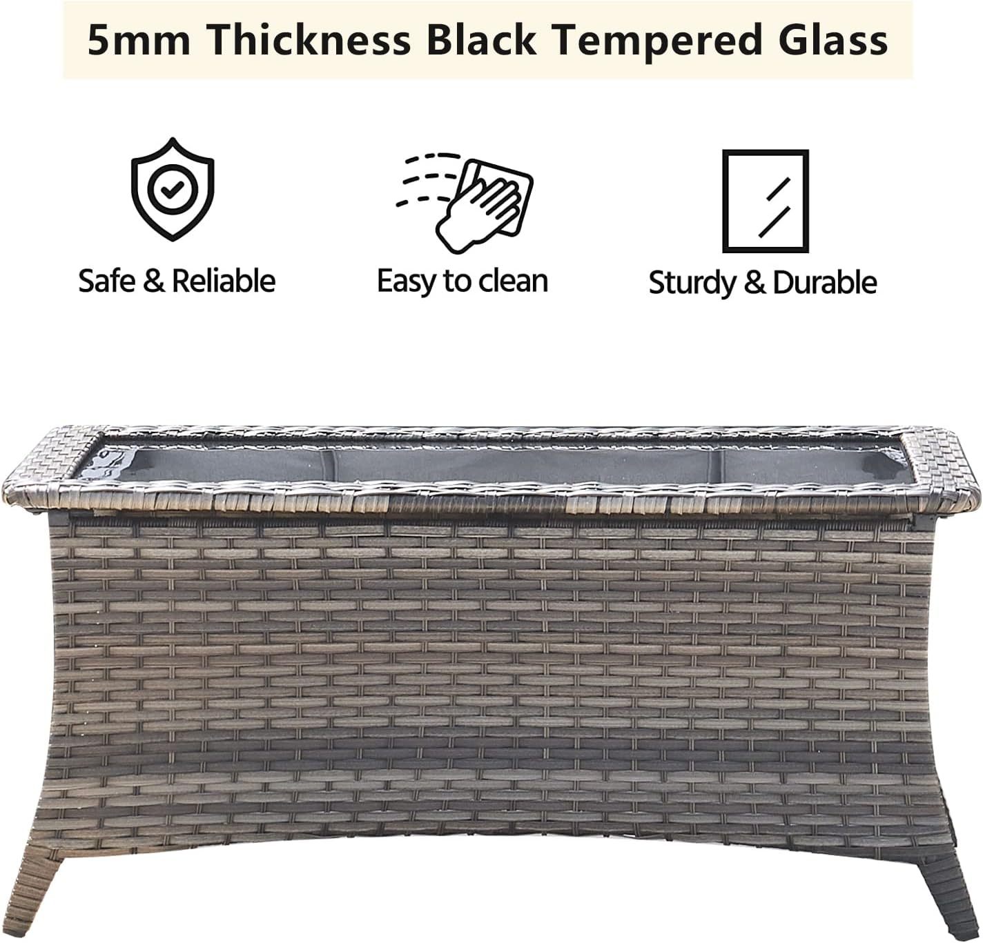 Outdoor Coffee Table Patio Rattan Patio Side Table Built-in Black Glass Top PE Wicker Rectangle Sofa Table Dark Brown