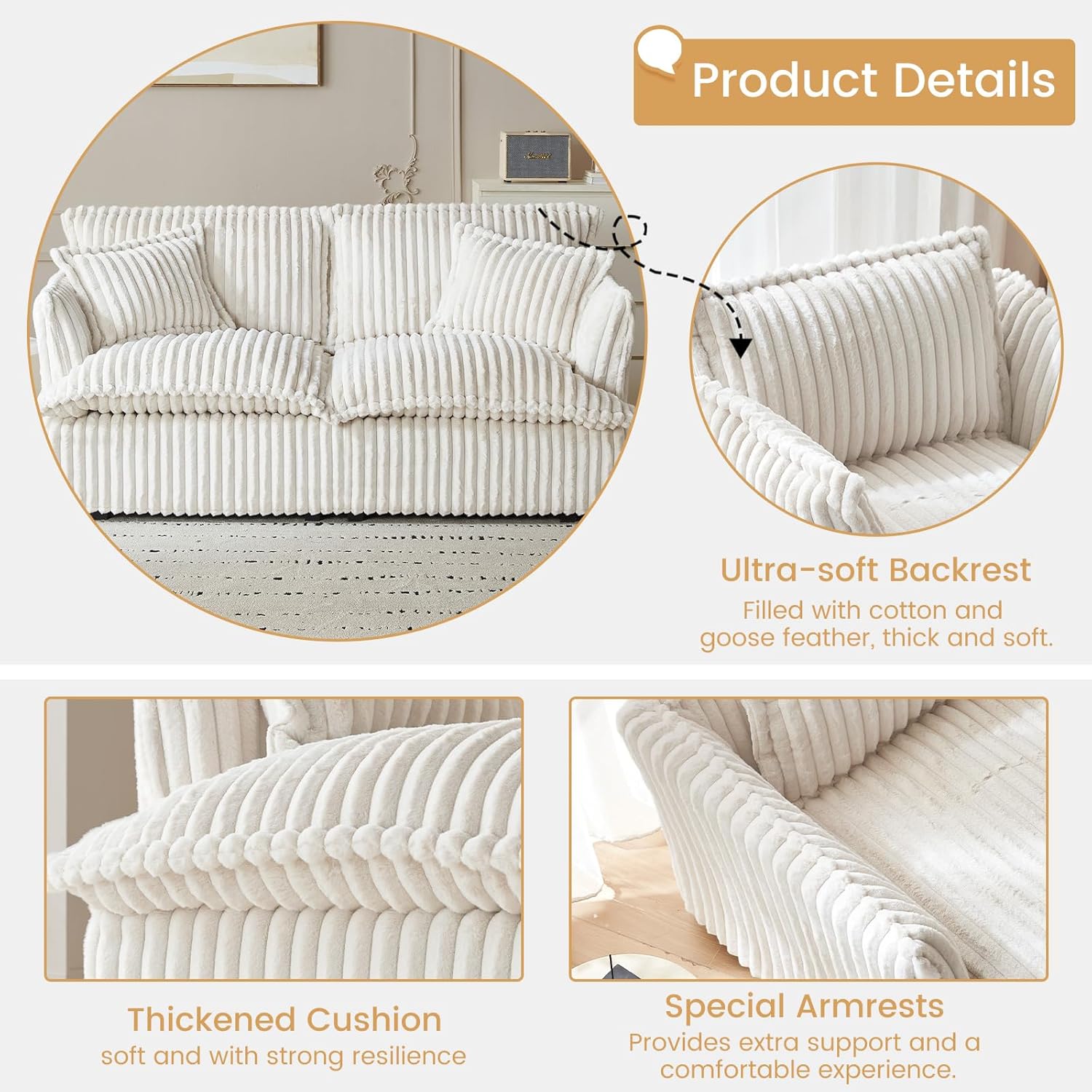 71.65" Corduroy Futon Couch, White Cloud Couch Sofa, Comfy Loveseat Sofa, Modern Corduroy Couch for Bedroom