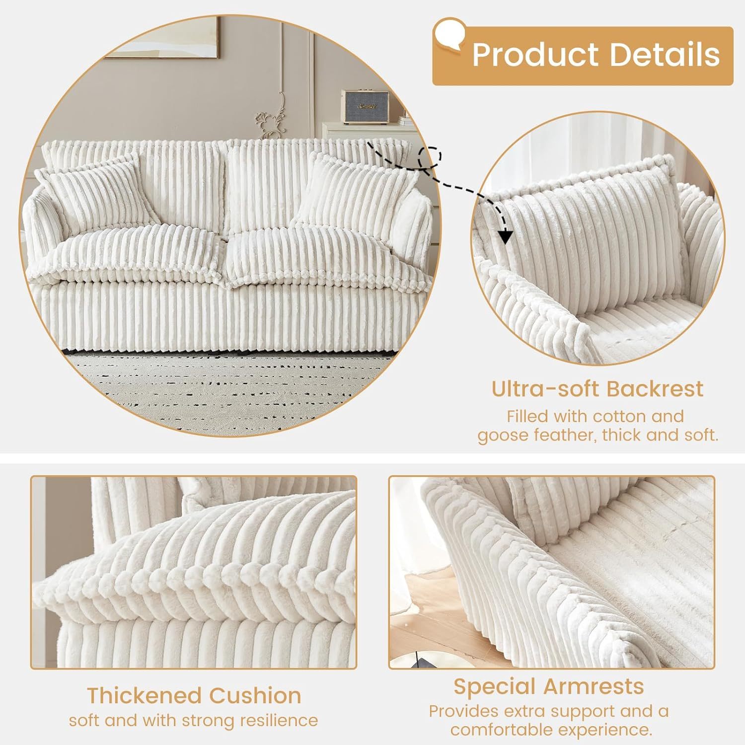 71.65" Corduroy Futon Couch, White Cloud Couch Sofa, Comfy Loveseat Sofa, Modern Corduroy Couch for Bedroom