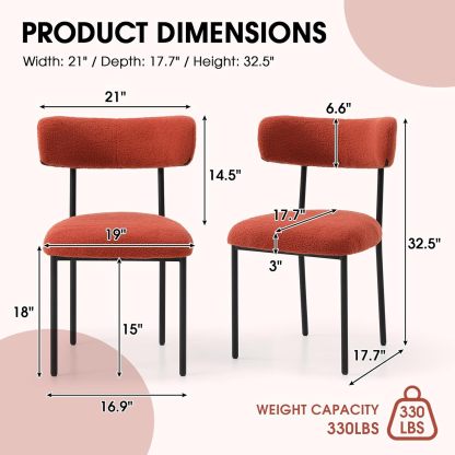 Dining Chairs Set of 2, Teddy Upholstered Side Chairs with Open Back, Comfy Kitchen Chairs with Metal Legs