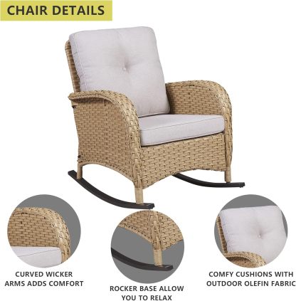 Patio Wicker Rocking Chairs Set of 2 Rattan Outdoor Rocking Chairs for Front Porch Garden Backyard Lawn Balcony Weather Rocker Chair with Side Table