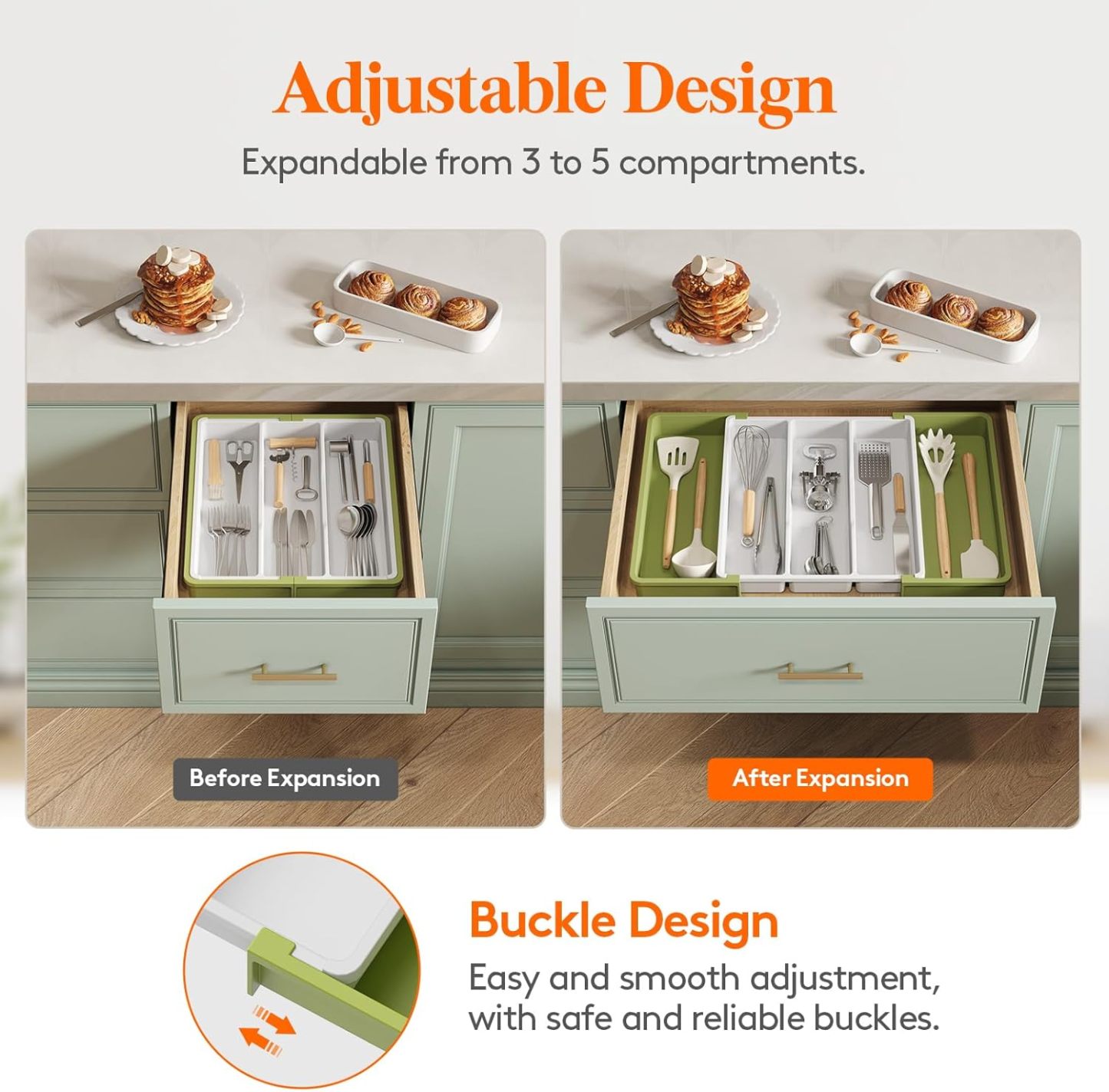 Utensil Organizer for Kitchen Drawers, Expandable Cooking Utensil Tray, Adjustable Cutlery Silverware Flatware Holder