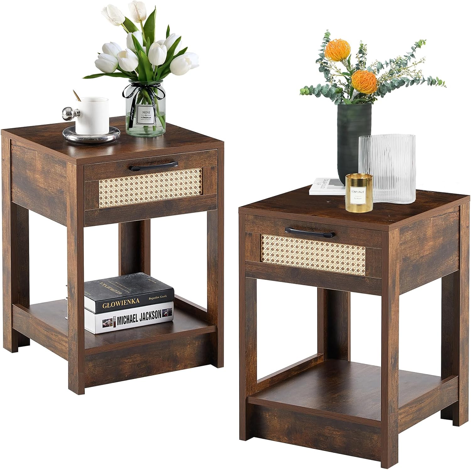 Natural Rattan Nightstand Set of 2, Bed Side Tables with Drawer, Wooden End Table with Storage Shelf
