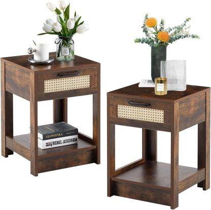 Natural Rattan Nightstand Set of 2, Bed Side Tables with Drawer, Wooden End Table with Storage Shelf