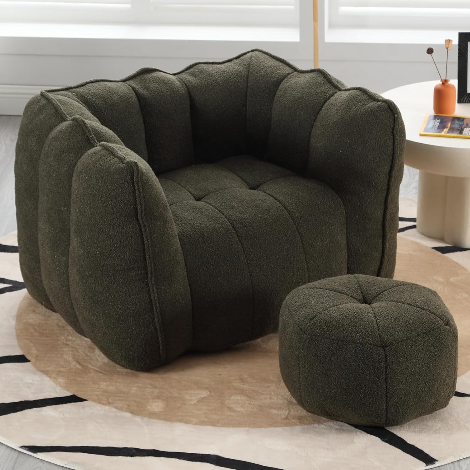 Bean Bag Chair, Teddy Upholstered Bean Bag Sofa with Round Ottoman, Stuffed Bean Bag Couch with Petal Backrest