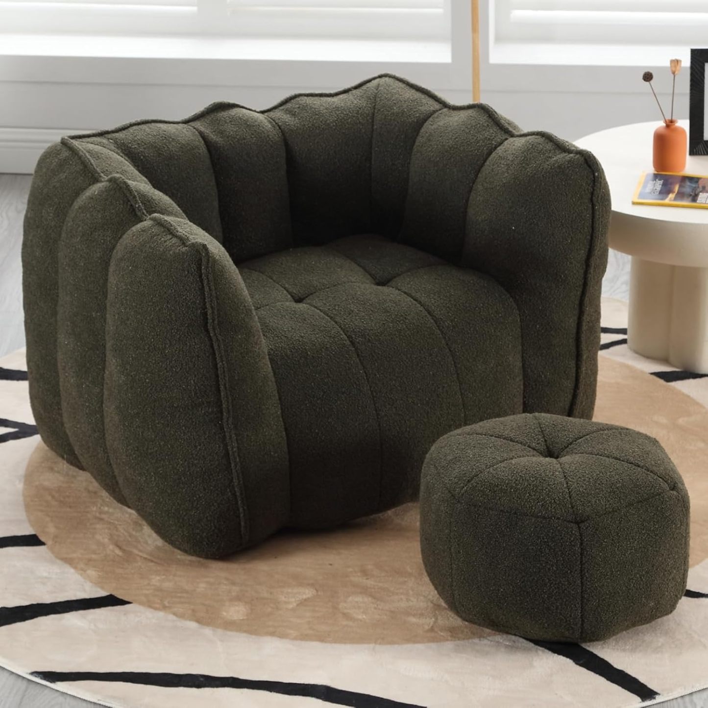 Bean Bag Chair, Teddy Upholstered Bean Bag Sofa with Round Ottoman, Stuffed Bean Bag Couch with Petal Backrest