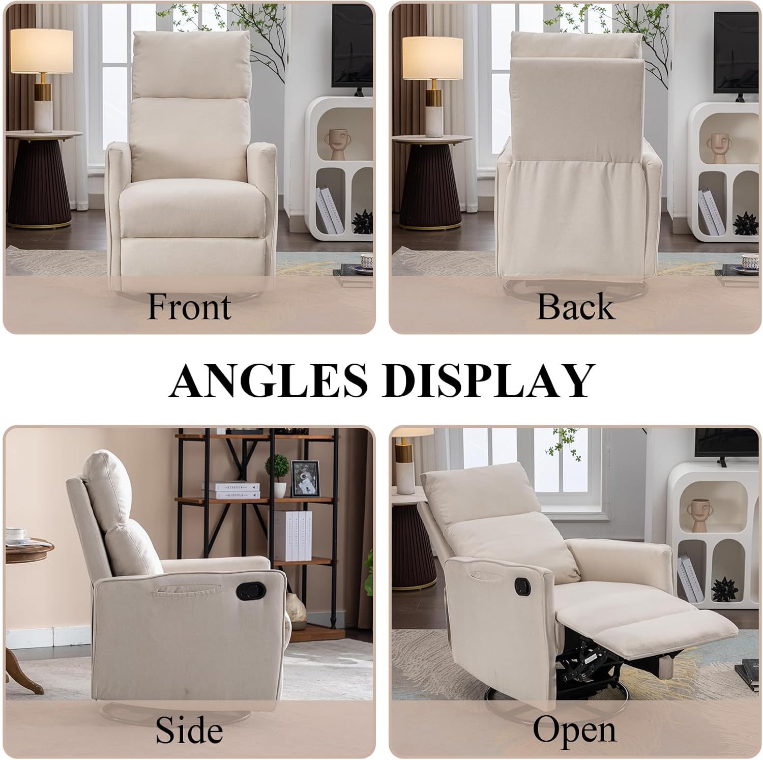 Nursery Rocking Chair, Linen Upholstered Glider Chair with High Backrest and Footrest, Manual Recliner Sofa Chair with Side Pocket