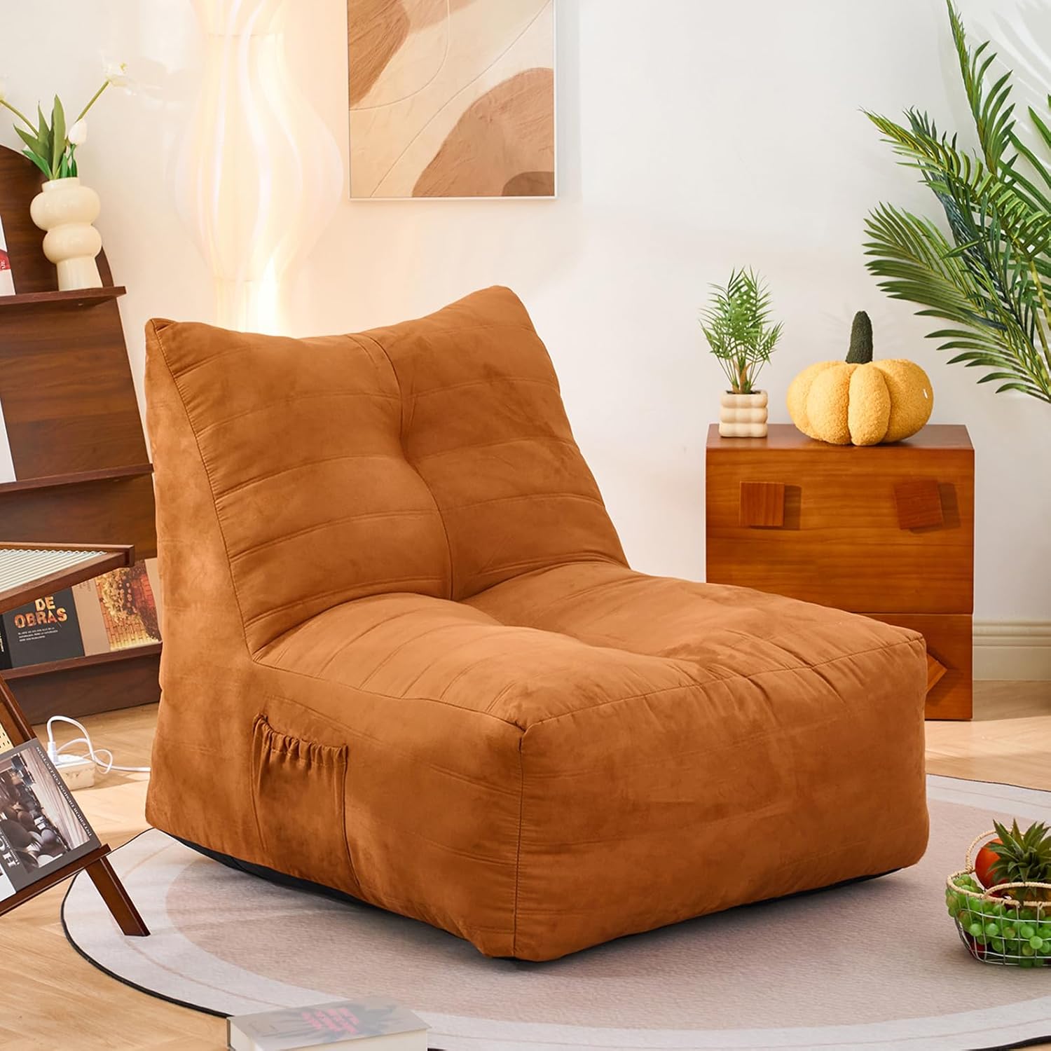 Bean Bag Chair for Adult, Suede Upholstered Bean Bag Sofa with Large Pocket, Stuffed Beanbag Chair with Pull-Ring