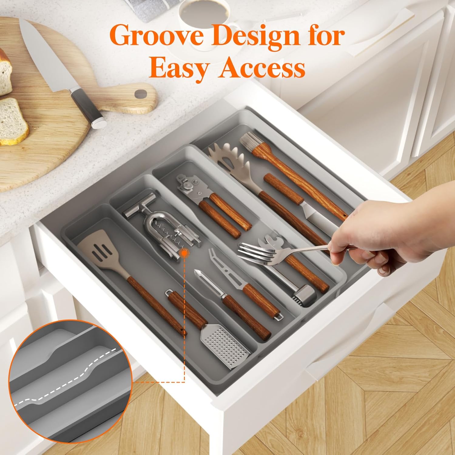 Utensil Drawer Organizer, Expendable Cooking Silverware Tray for Kitchen Drawer, Adjustable Cutlery Flatware Holder