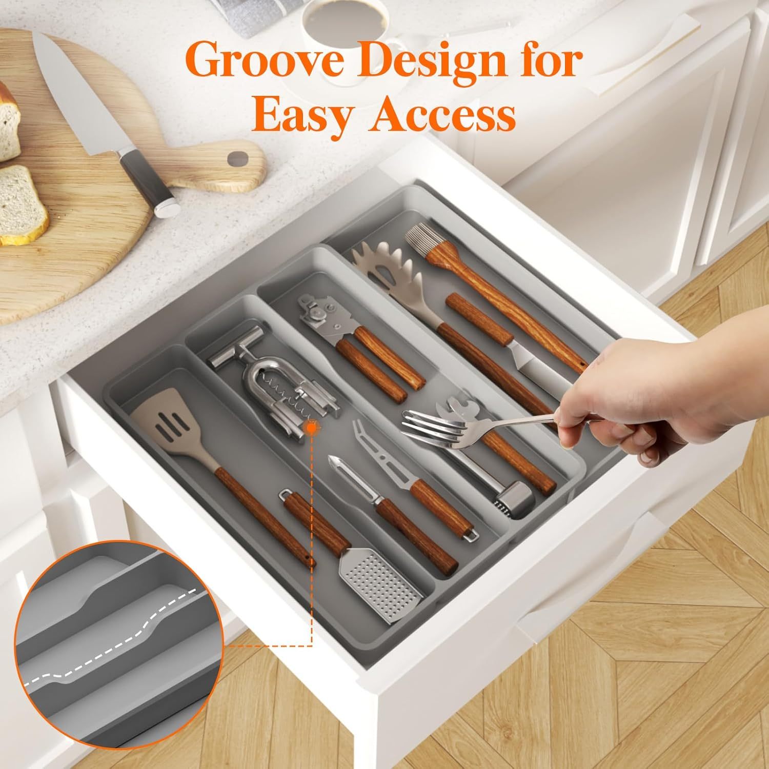 Utensil Drawer Organizer, Expendable Cooking Silverware Tray for Kitchen Drawer, Adjustable Cutlery Flatware Holder