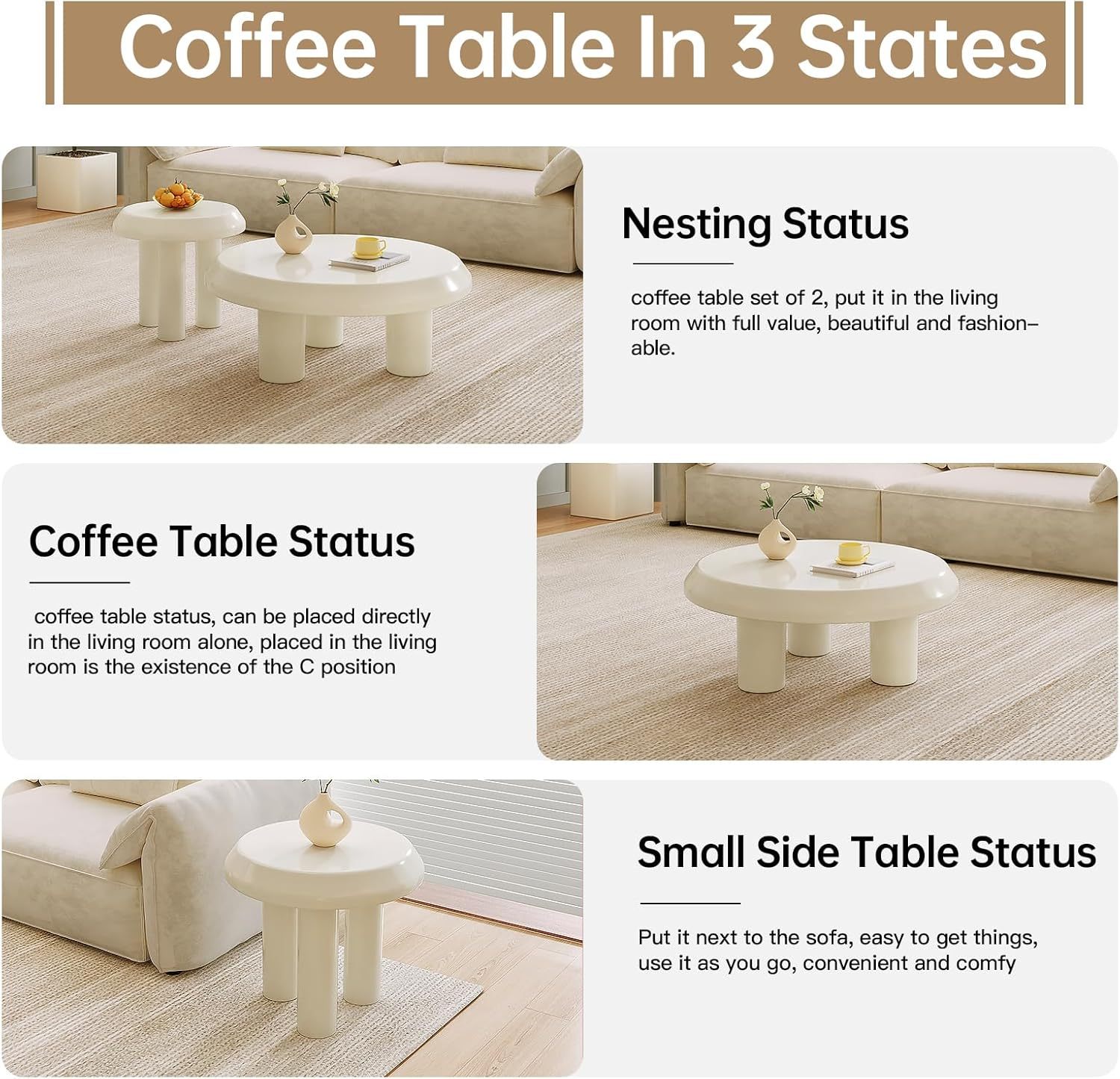 Round Coffee Table with Round End Table Sets, 3 in 1 Multifunctional Nesting Coffee Table Set of 2, Modern Coffee Table Sets with Sturdy Legs