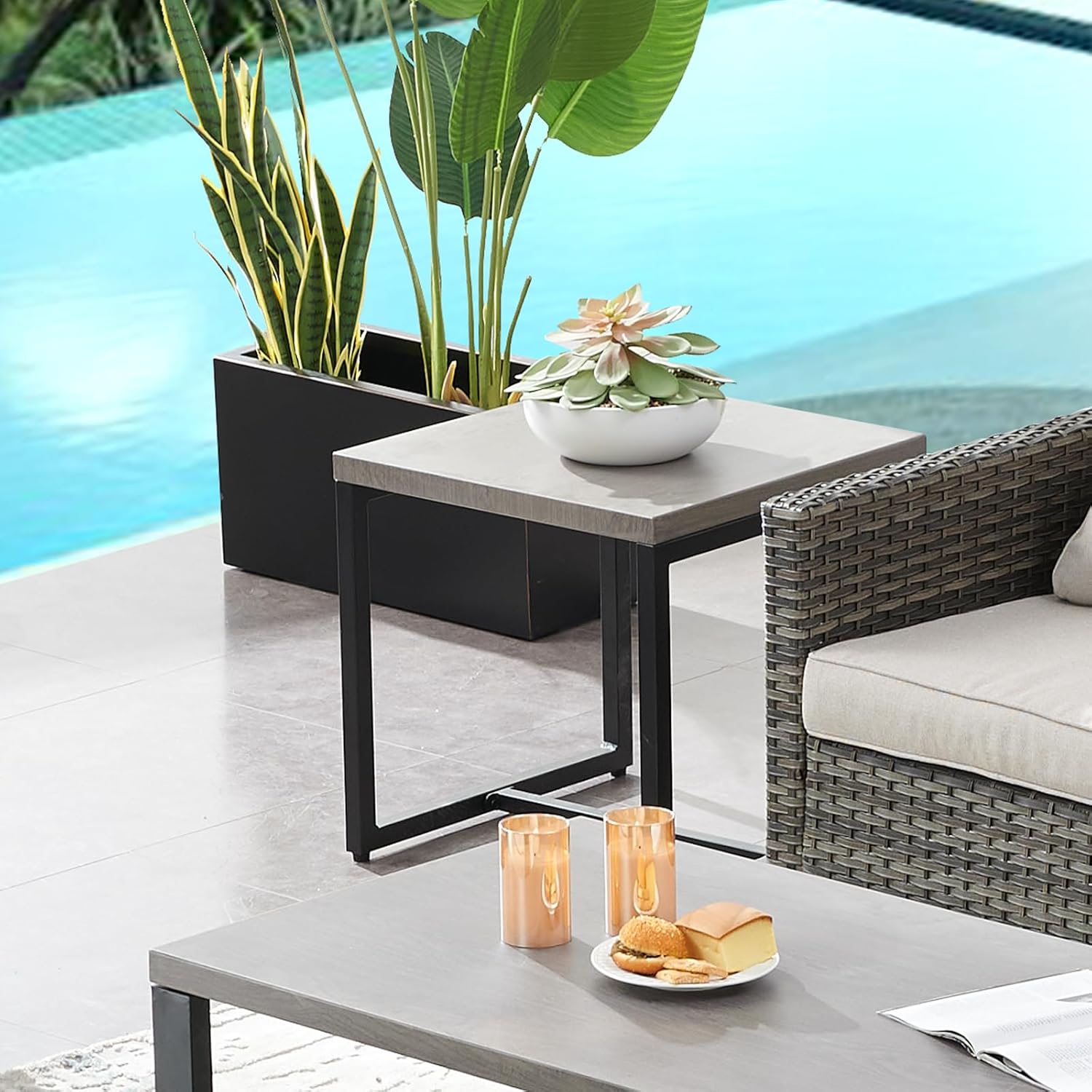Outdoor Side Table for Patio Furniture Set Imitation Wood Grain Metal Table Top End Table Adjustment Legs